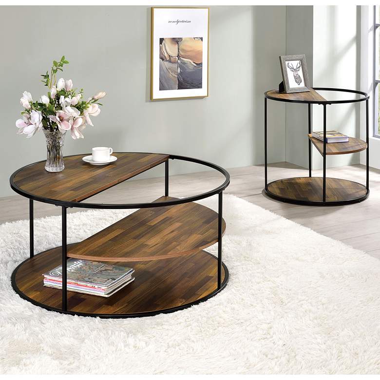 Image 1 Risda Walnut Wood Black Metal 2-Piece Coffee Table Set
