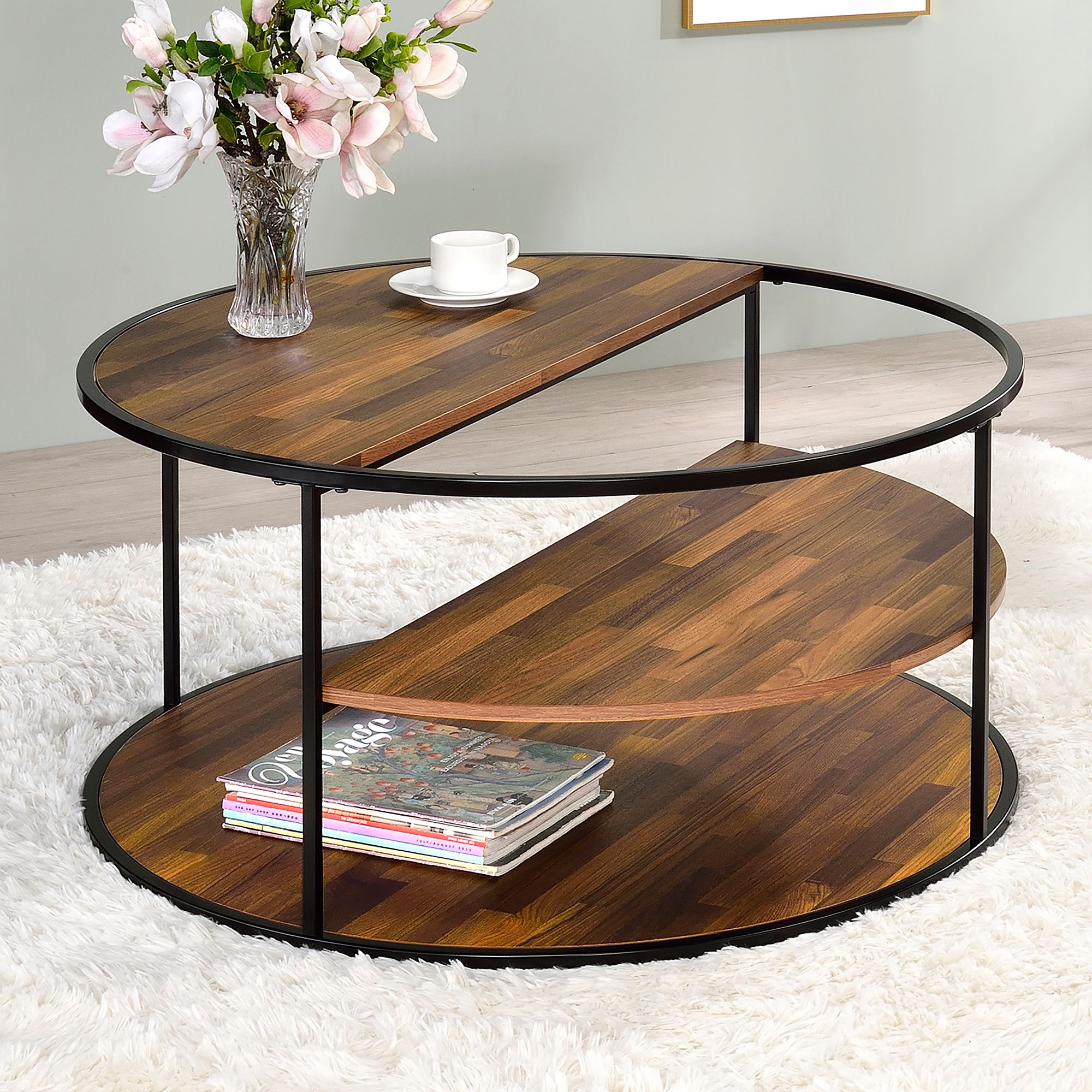Risda Walnut Wood Black Metal 2-Piece Coffee Table Set
