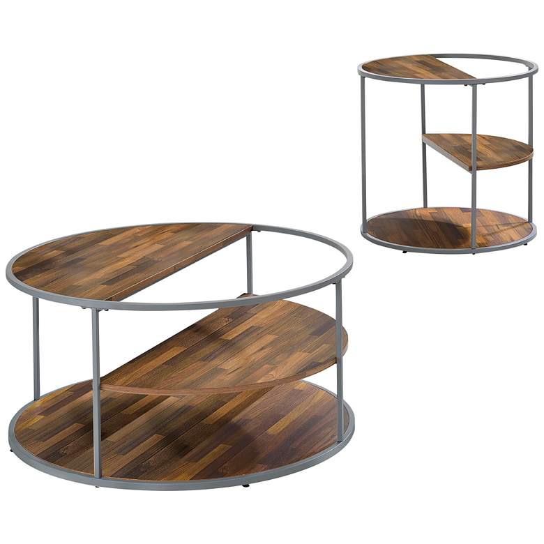 Image 2 Risda Walnut Wood Gray Metal 2-Piece Coffee Table Set