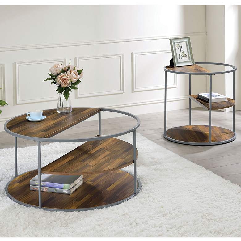 Image 1 Risda Walnut Wood Gray Metal 2-Piece Coffee Table Set