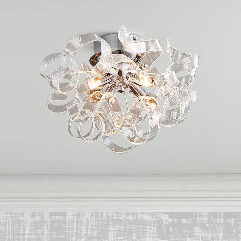 Image 1 Ritz 14 inch Wide Chrome and Glass Ribbon Modern Luxe Ceiling Light