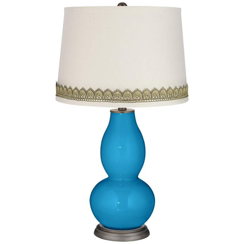 Image 1 River Blue Double Gourd Table Lamp with Scallop Lace Trim