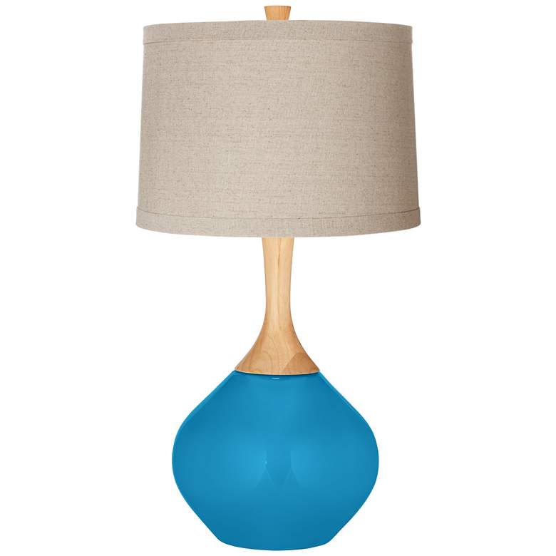 Image 1 River Blue Natural Linen Drum Shade Wexler Table Lamp