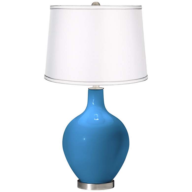 Image 1 River Blue - Satin Silver White Shade Ovo Table Lamp