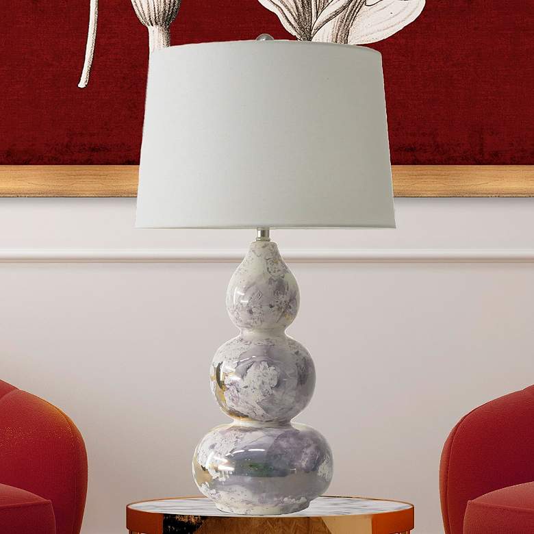 Image 1 River Ceramic Triple Gourd 31" Lamp in Modern Gloss White w/Gold