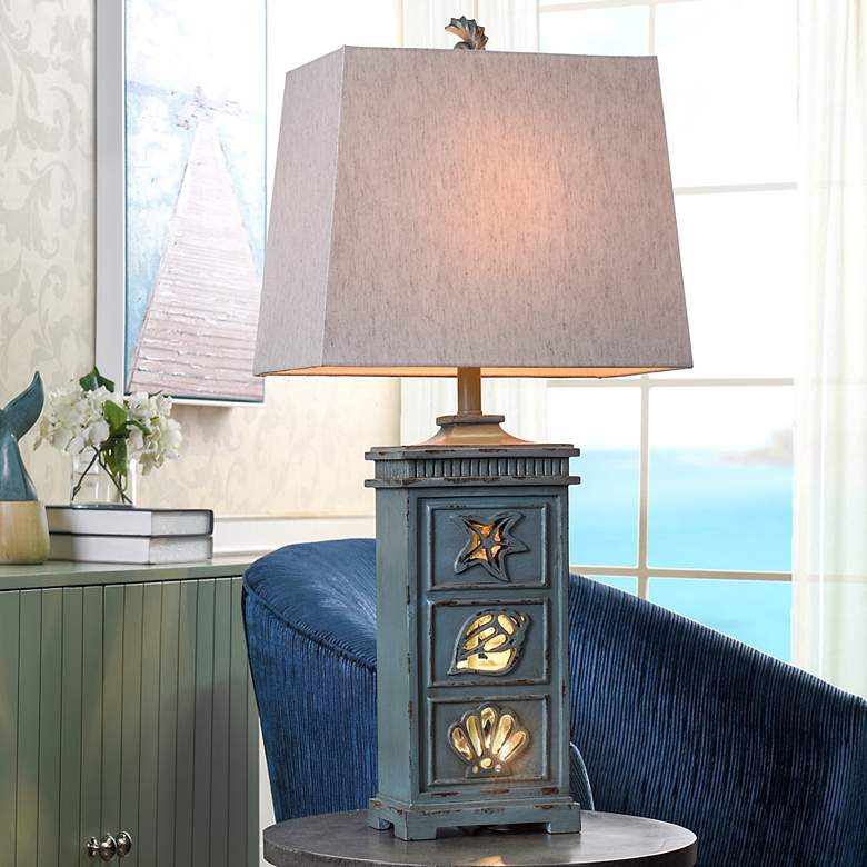 Image 1 River Crest Seafoam Ceramic Table Lamp w/ Taupe Fabric Shade