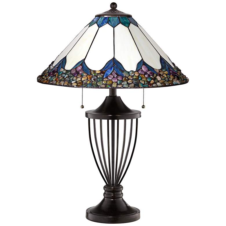 Image 1 River Stone Tiffany Style Art Glass Bronze Urn Table Lamp