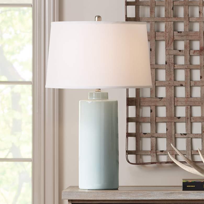 Image 1 RiverCeramic® Cylinder Gloss Mist Gray Table Lamp