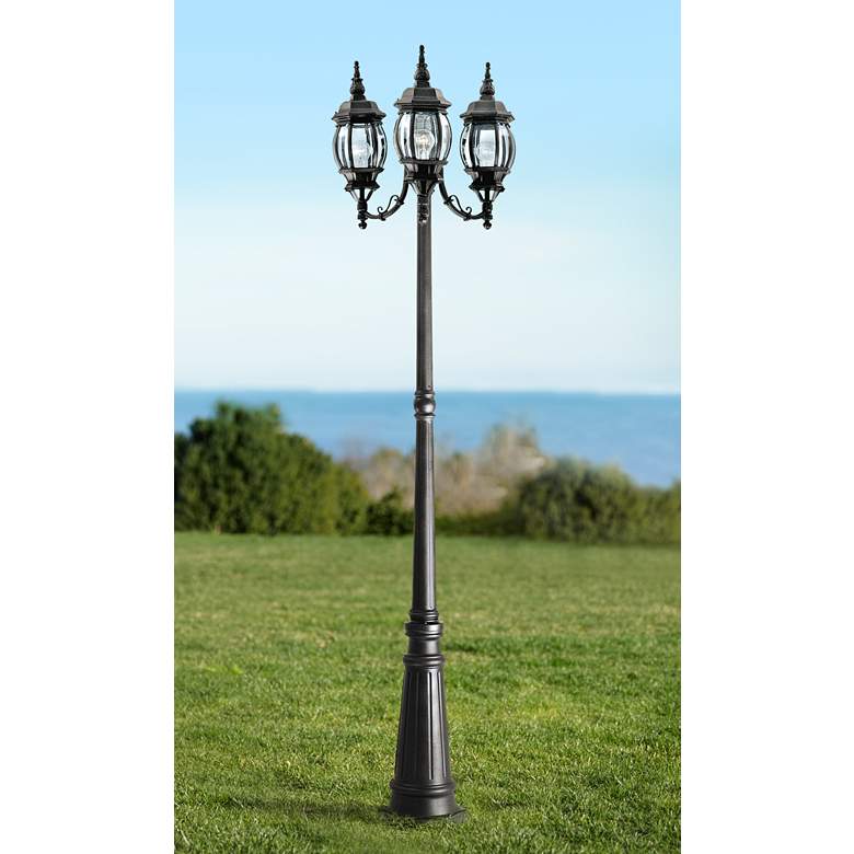 Image 1 Riviera 84 1/2 inch High 3-Lantern Black Outdoor Post Light