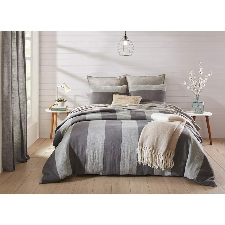 Image 1 Riviera Taupe Gray Linen Stripes Queen Duvet Cover