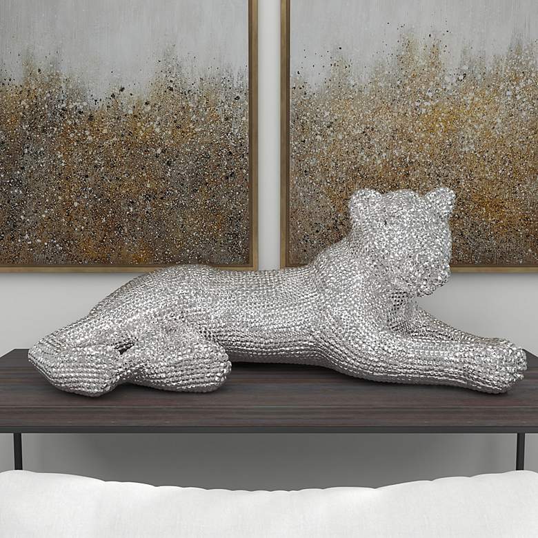Image 1 Roaring Art 39" Wide Silver Faceted Diamond Leopard Statue