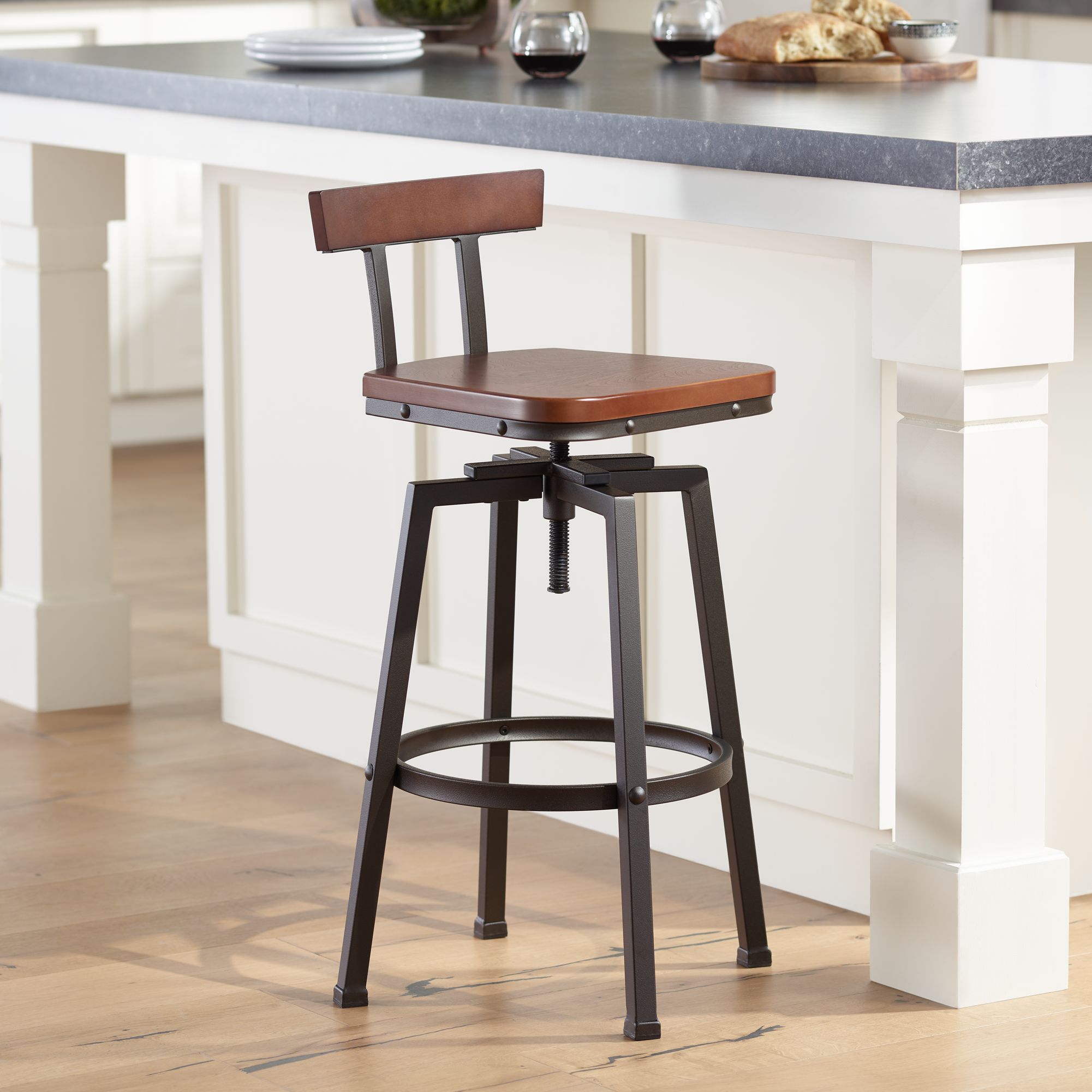 roark dark wood and bronze adjustable swivel barstool