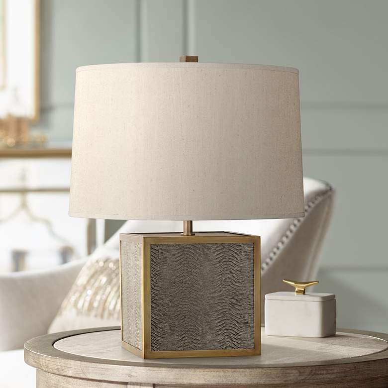 Image 1 Robert Abbey Anna Faux Snakeskin and Brass Cube Accent Lamp