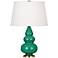 Robert Abbey Emerald and Brass Triple Gourd Ceramic Table Lamp