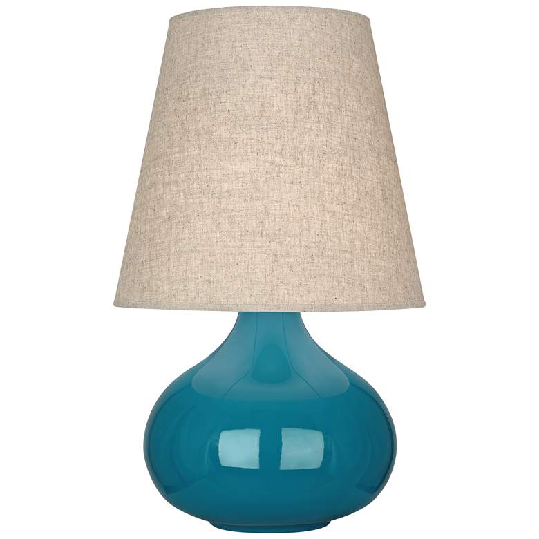 Image 1 Robert Abbey June Peacock Table Lamp with Buff Linen Shade