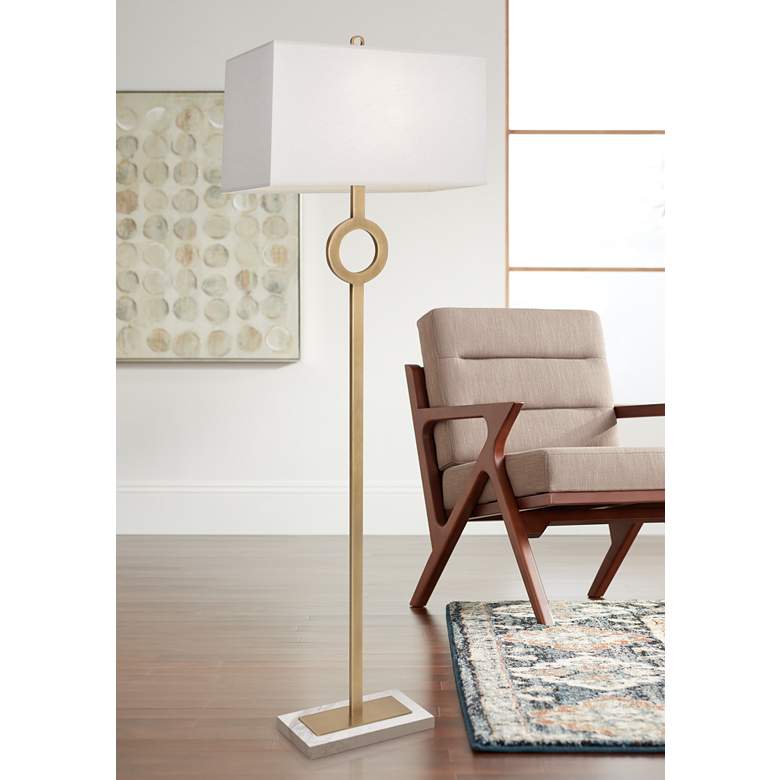 Image 1 Robert Abbey Oculus 62 3/4 inch Brass Metal Floor Lamp with Oyster Shade