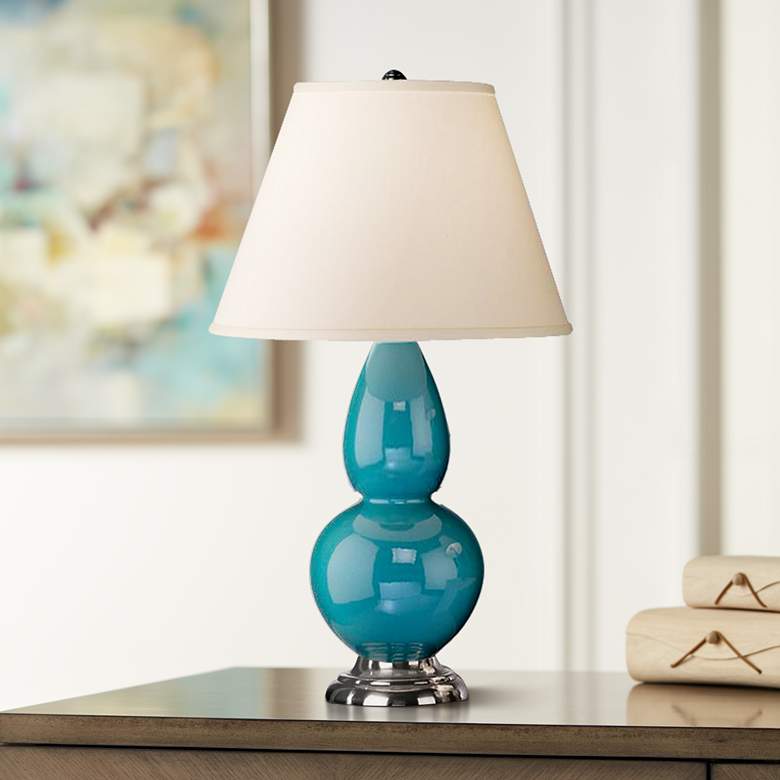Image 1 Robert Abbey Peacock Blue and Silver Double Gourd Ceramic Table Lamp