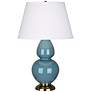 Robert Abbey Steel Blue and Brass Large Double Gourd Ceramic Table Lamp