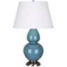 Robert Abbey Steel Blue and Silver Large Double Gourd Ceramic Table Lamp