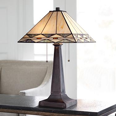 Robert Louis Tiffany 21 1/2" Mission Bronze Art Glass Table Lamp