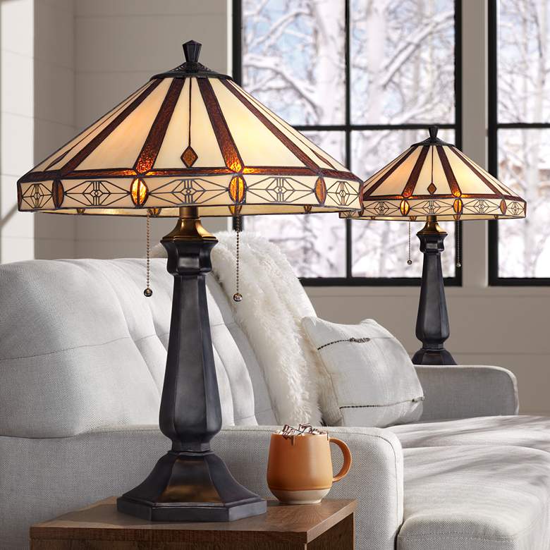 Image 1 Robert Louis Tiffany Derrica 25" Bronze Art Glass Table Lamps Set of 2