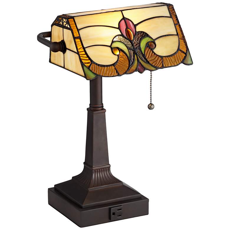 Image 2 Robert Louis Tiffany Fleura 17" Art Glass Banker Desk Lamp with Outlet