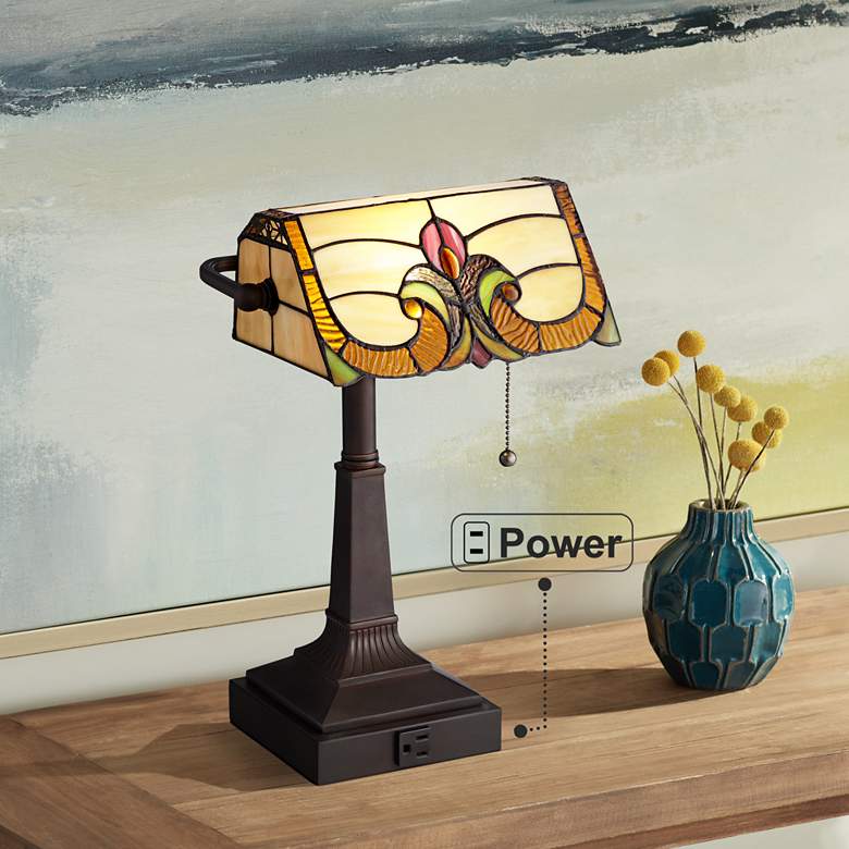 Image 1 Robert Louis Tiffany Fleura 17" Art Glass Banker Desk Lamp with Outlet