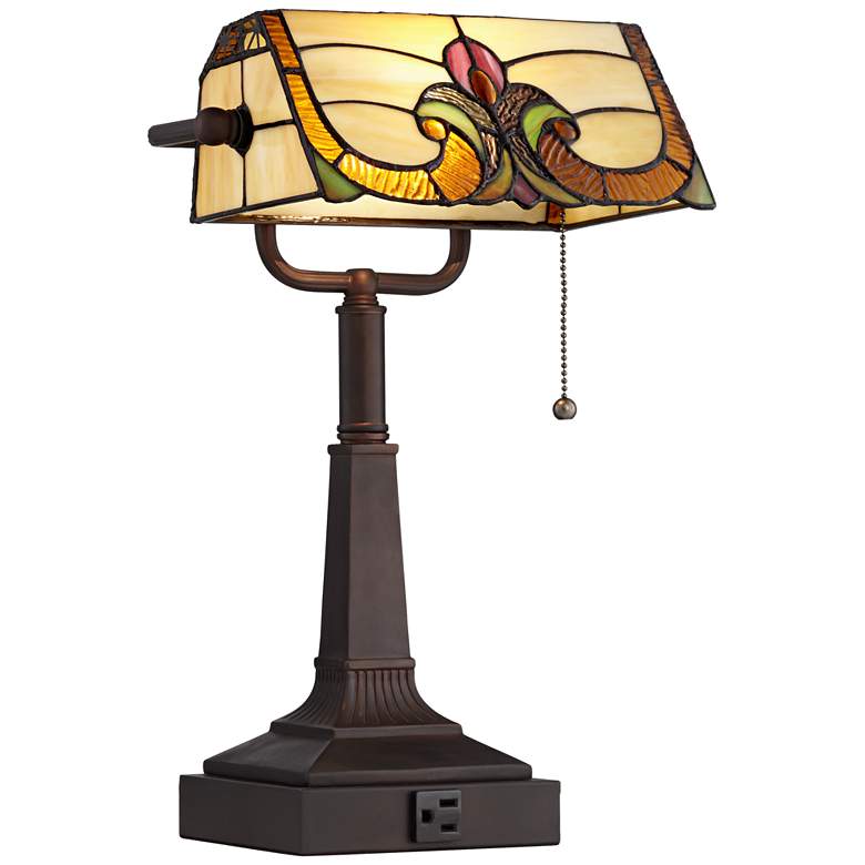 Image 7 Robert Louis Tiffany Fleura 17 inch Art Glass Banker Desk Lamp with Outlet more views