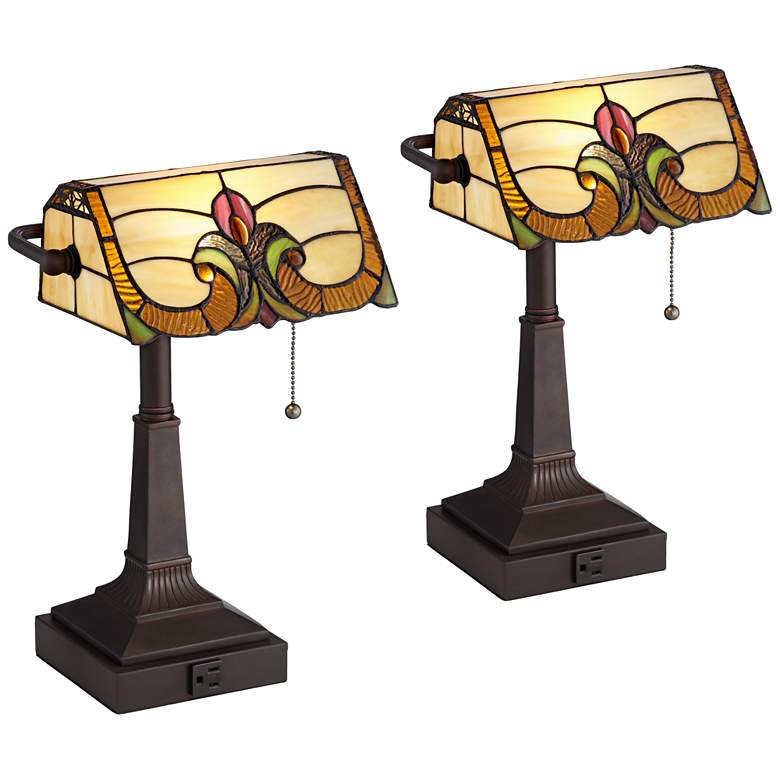 Image 2 Robert Louis Tiffany Fleura 17 inch High Bronze Banker Desk Lamps Set of 2