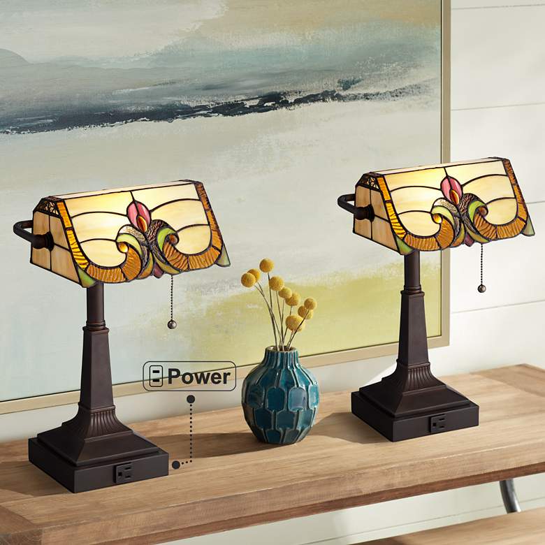 Image 1 Robert Louis Tiffany Fleura 17" High Bronze Banker Desk Lamps Set of 2