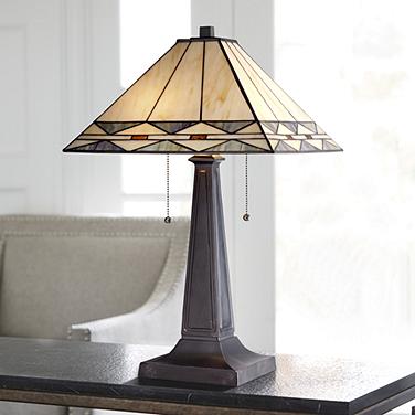 Robert Louis Tiffany Mission Square Art Glass and Bronze Lamp with Dimmer