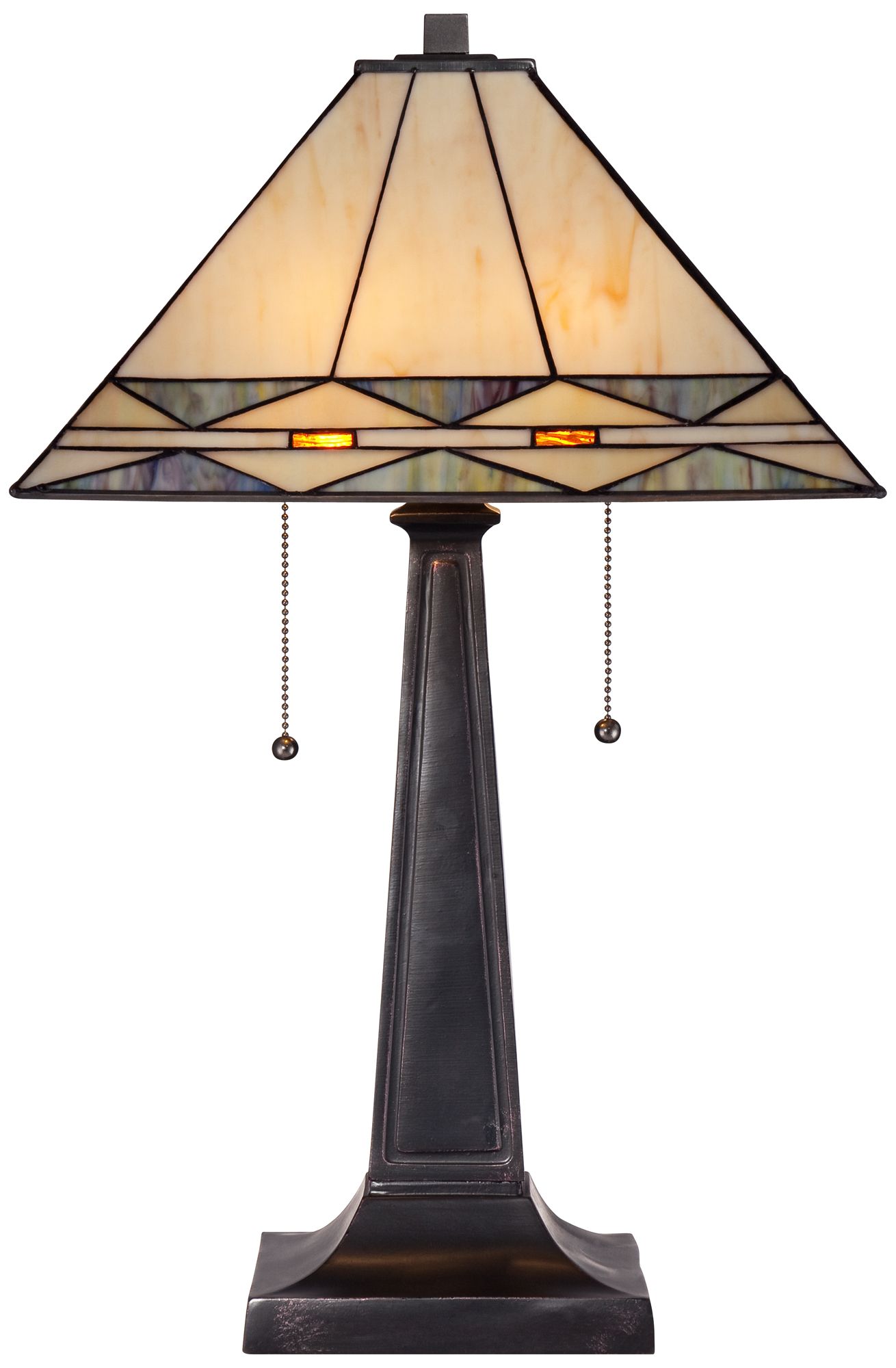 Robert Louis Tiffany Mission Square Art Glass and Bronze Lamp with Dimmer