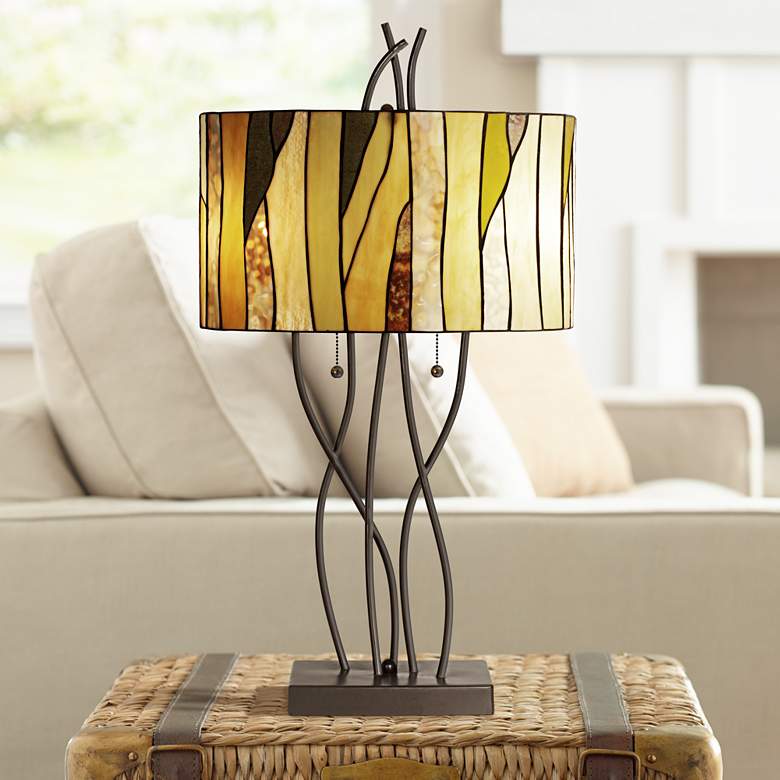 Image 1 Robert Louis Tiffany Oak Vine Art Glass Pull Chain Table Lamp