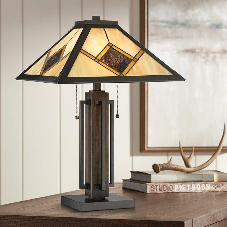 Image 1 Robert Louis Tiffany Robby Bronze Mission Tiffany-Style Accent Table Lamp