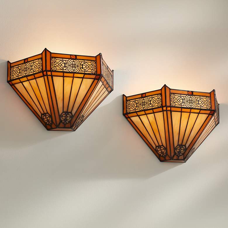 Image 1 Robert Louis Tiffany Stratford 7 1/2"H Art Glass Wall Sconce Set of 2
