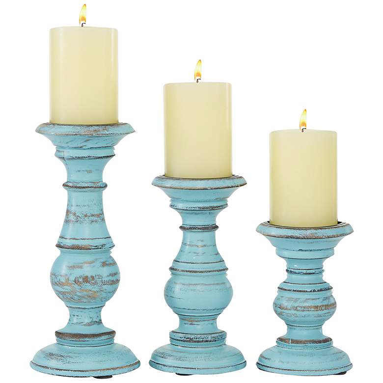 Image 2 Robina Distressed Light Blue Pillar Candle Holders Set of 3