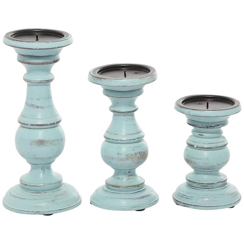 Image 5 Robina Distressed Light Blue Pillar Candle Holders Set of 3 more views