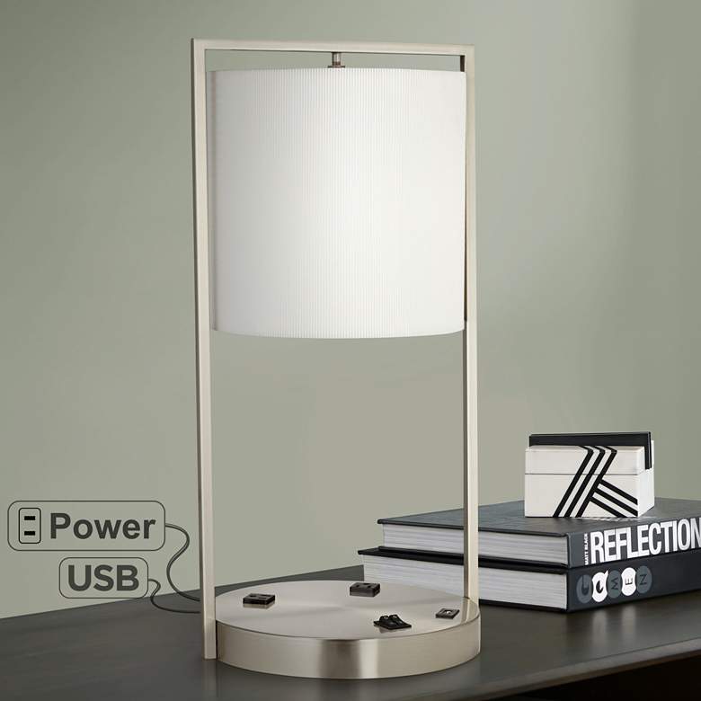 Image 1 Robinette Nickel Workstation Lamp With Built In USB and 3-Prong Outlets