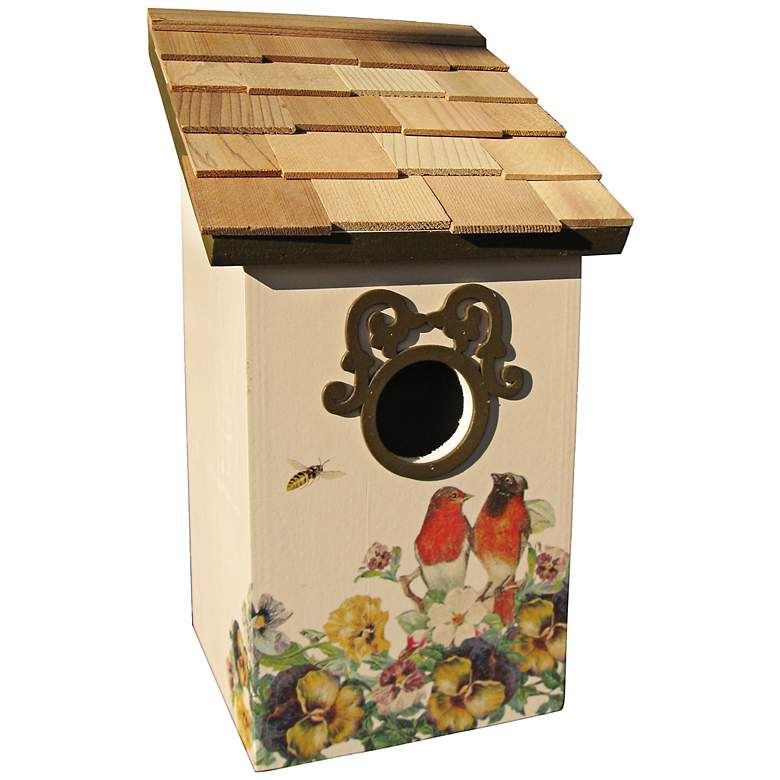 Image 1 Robins with Gold Salt Box Birdhouse