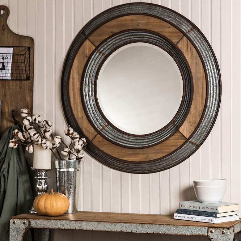 Image 1 Robyn Reclaimed Wood and Galvanized 33" Round Wall Mirror