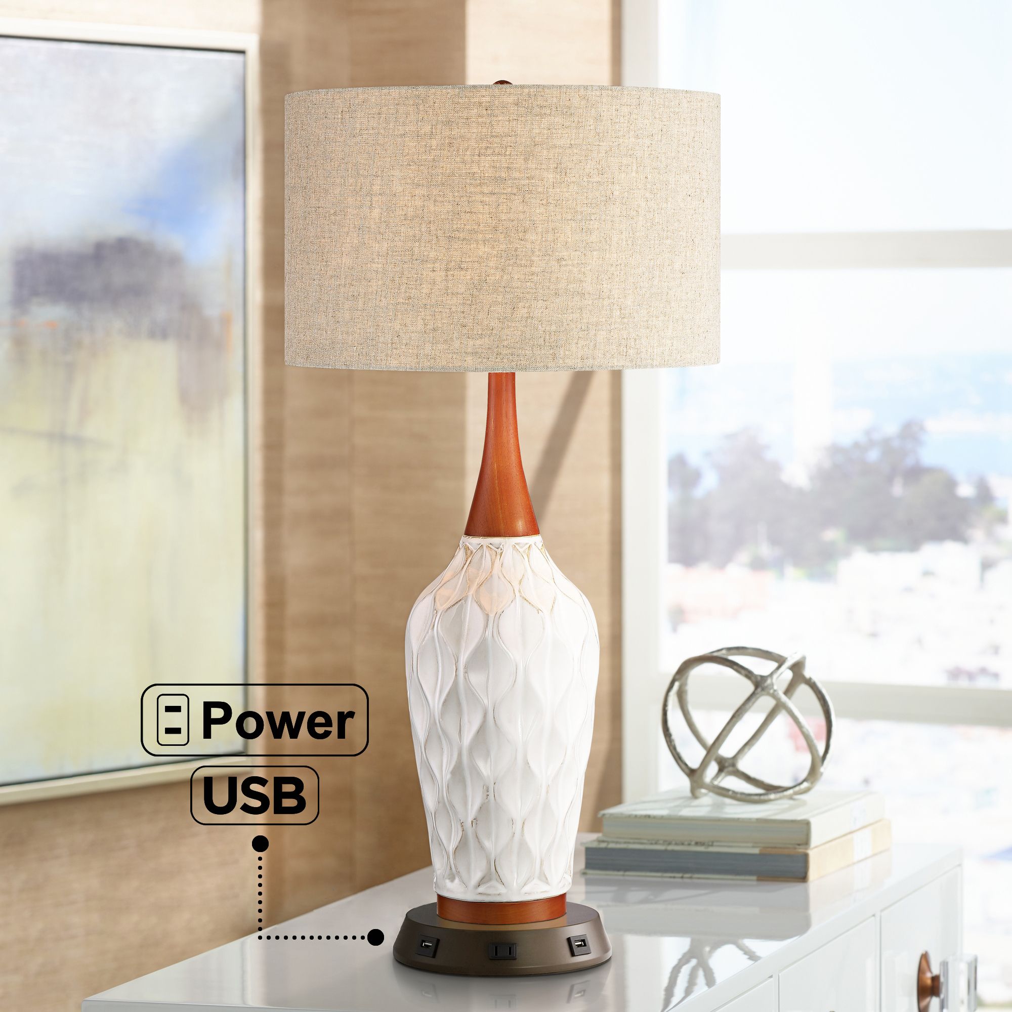 Rocco White Ceramic Table Lamp with USB Workstation Base - #68v37