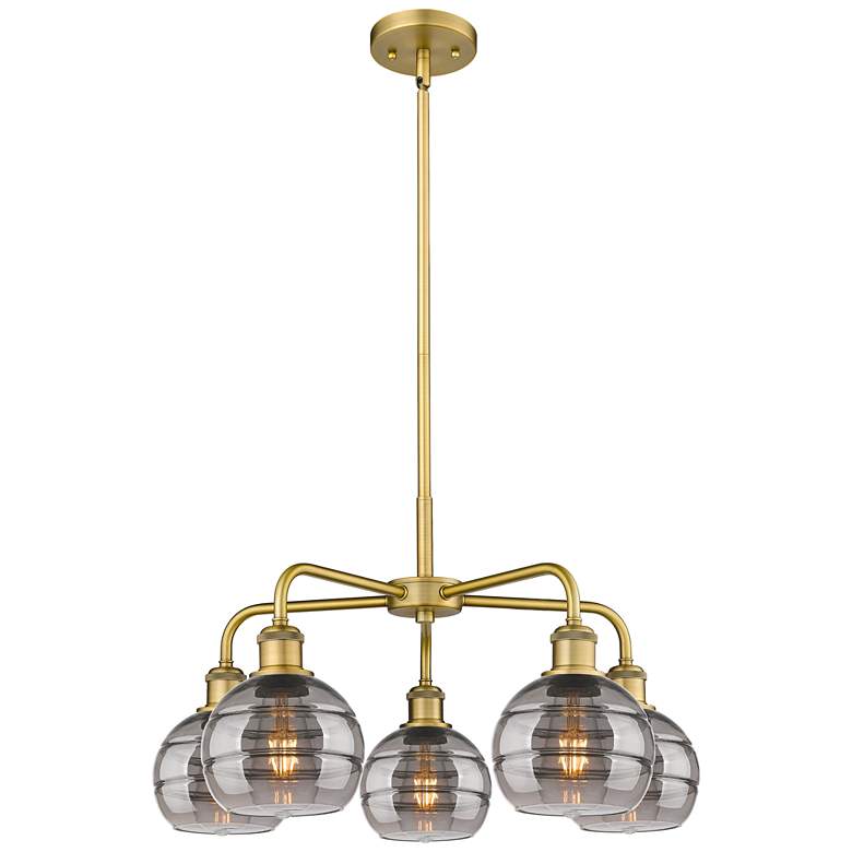 Image 1 Rochester 23.88"W 5-Light Brushed Brass Stem Chandelier w/ Smoke Shade