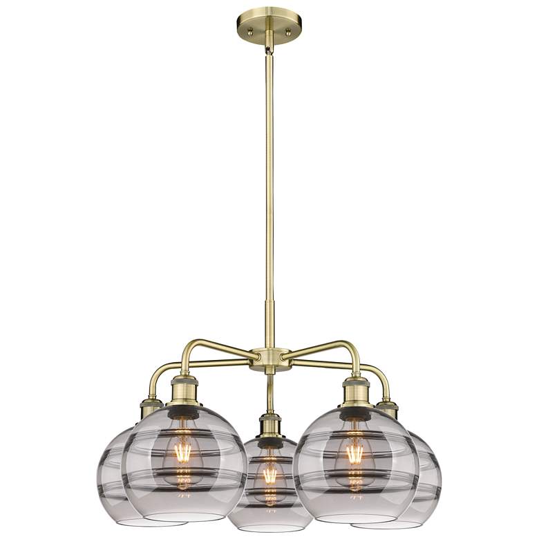 Image 1 Rochester 26"W 5-Light Antique Brass Stem Chandelier w/ Smoke Shade