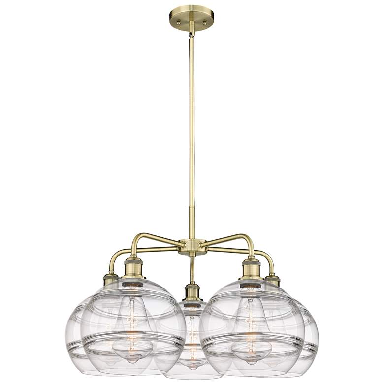 Image 1 Rochester 28"W 5-Light Antique Brass Stem Chandelier w/ Clear Shade