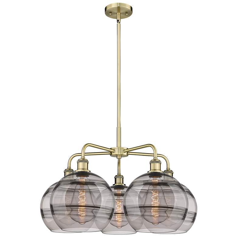 Image 1 Rochester 28"W 5-Light Antique Brass Stem Chandelier w/ Smoke Shade