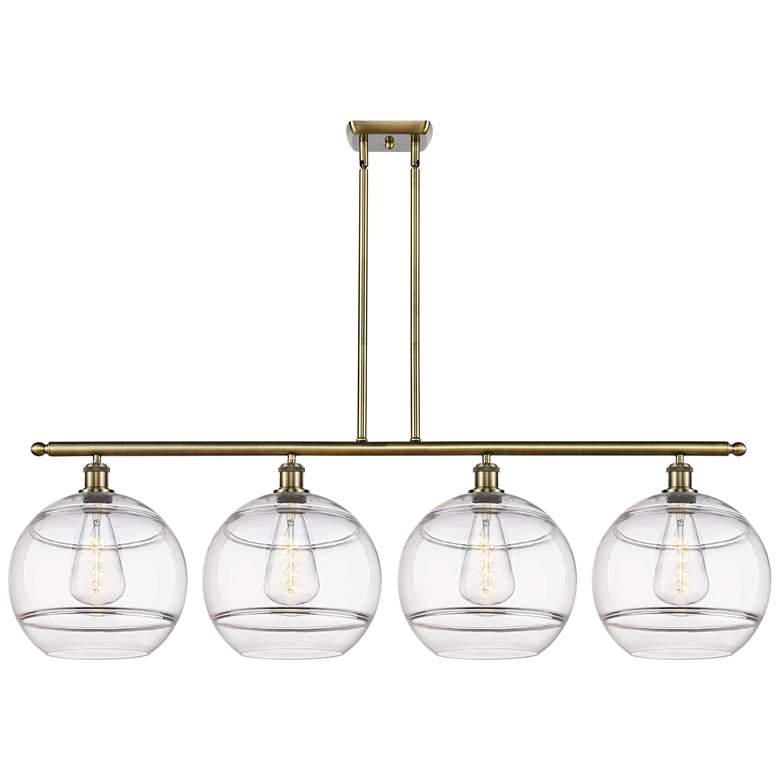 Image 1 Rochester 50.25"W 4-Light Antique Brass Stem Island Light w/ Clear Sha