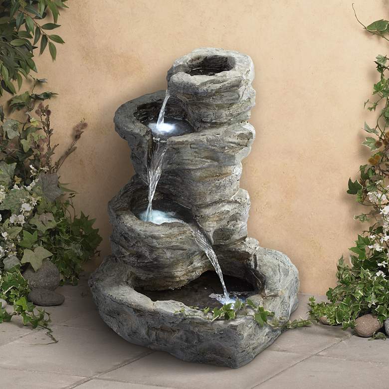 Image 1 Rock Cascade 22" Gray Stone Outdoor Fountain with LED Light