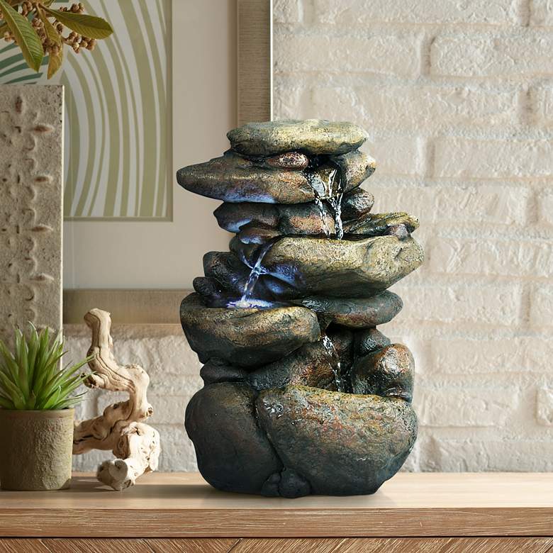 Rock Formation 3-Tier LED 11&quot; High Tabletop Fountain