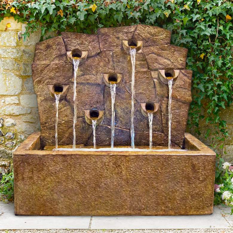 Image 1 Rock Wall 34" Cast Stone Rustic Garden Fountain with Light