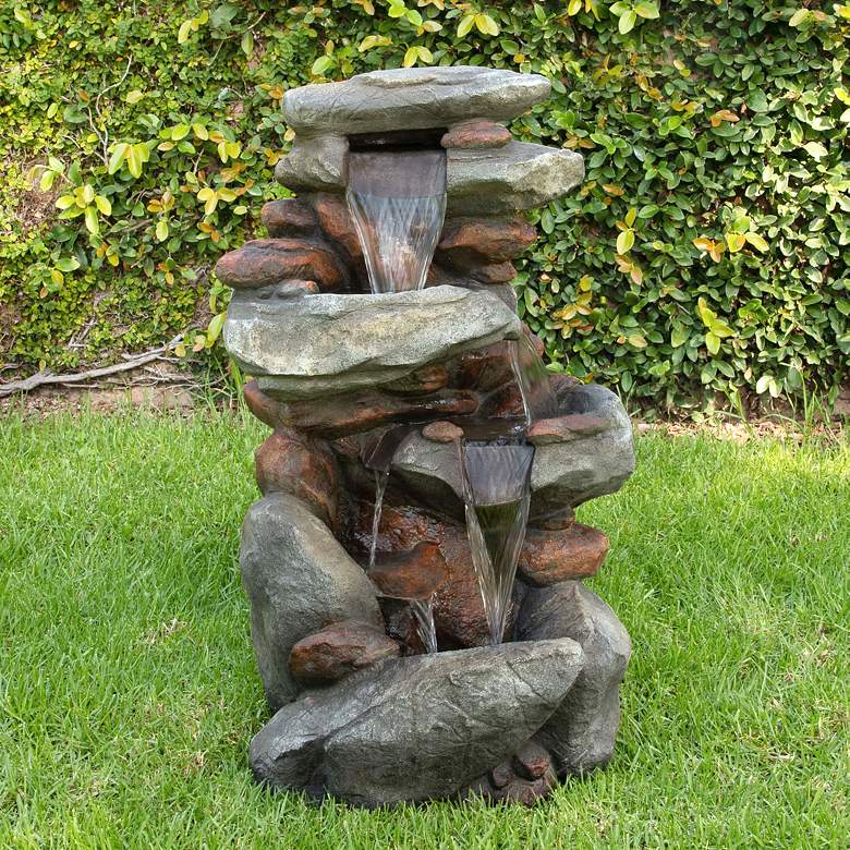Image 1 Rock Waterfall 40" High Outdoor Fountain with LED Lights